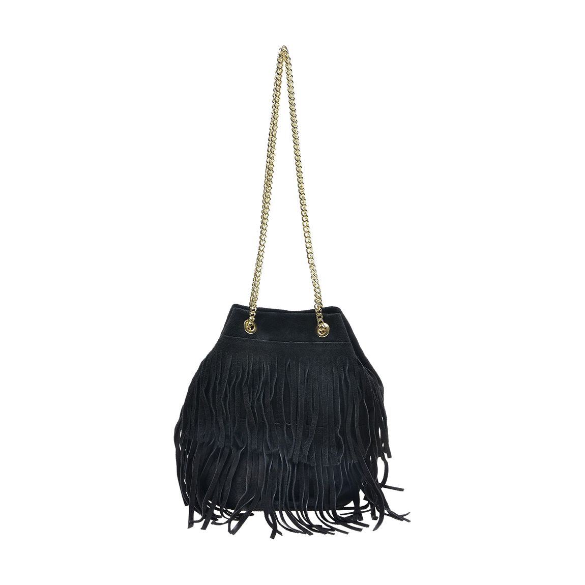 Black Leather Tassel Bucket Chain Shoulder Bag main product photo
