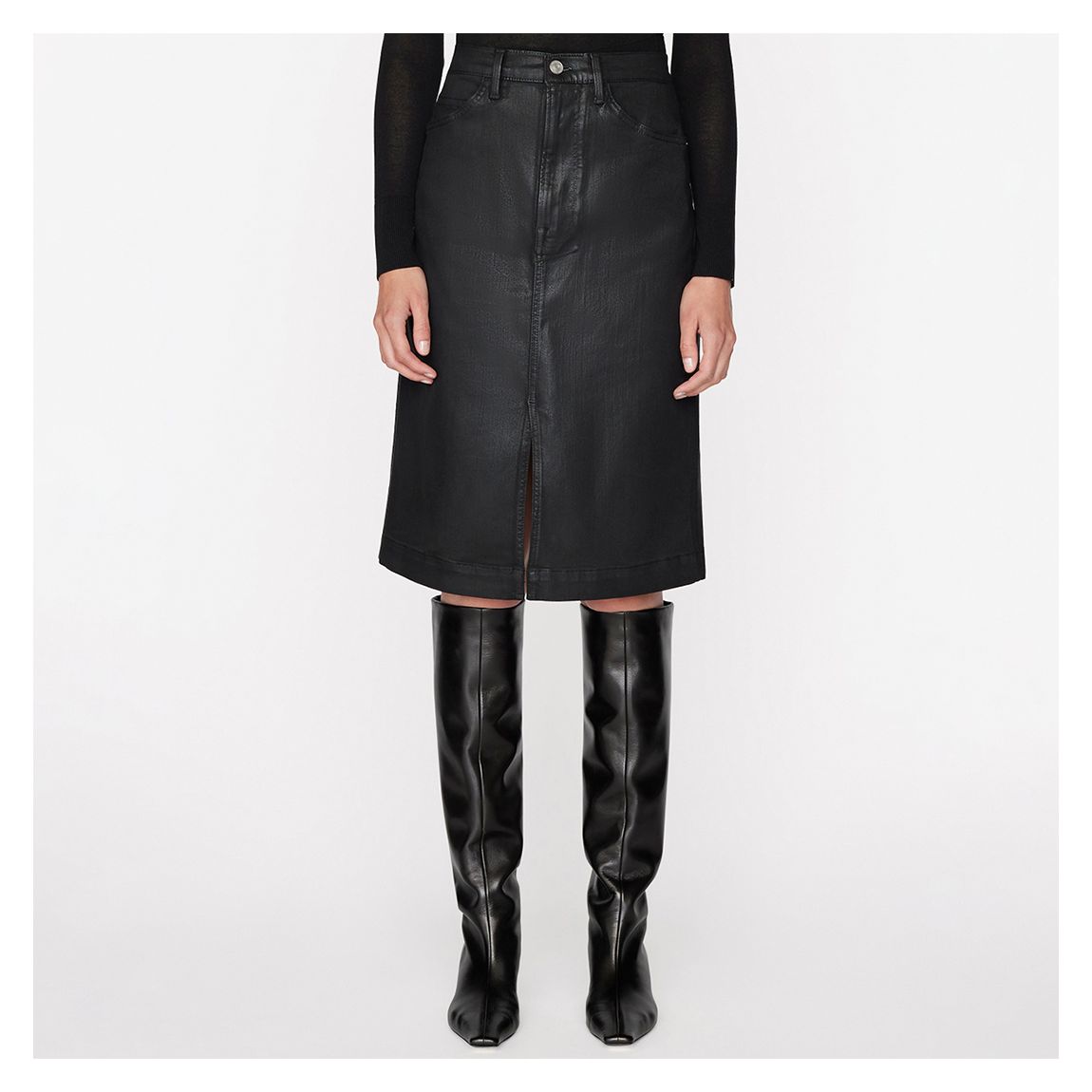 Black Coated Denim Stretch Midi Skirt main product photo
