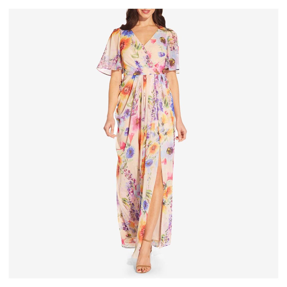Multi Floral Print Chiffon Wrap Gown main product photo