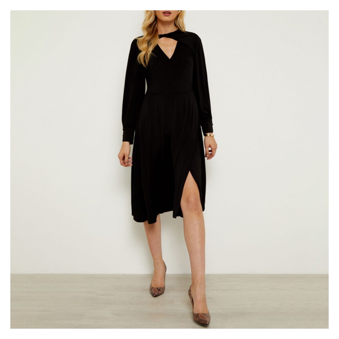 Black Twist Neck Wrap Front Jersey Dress main product photo