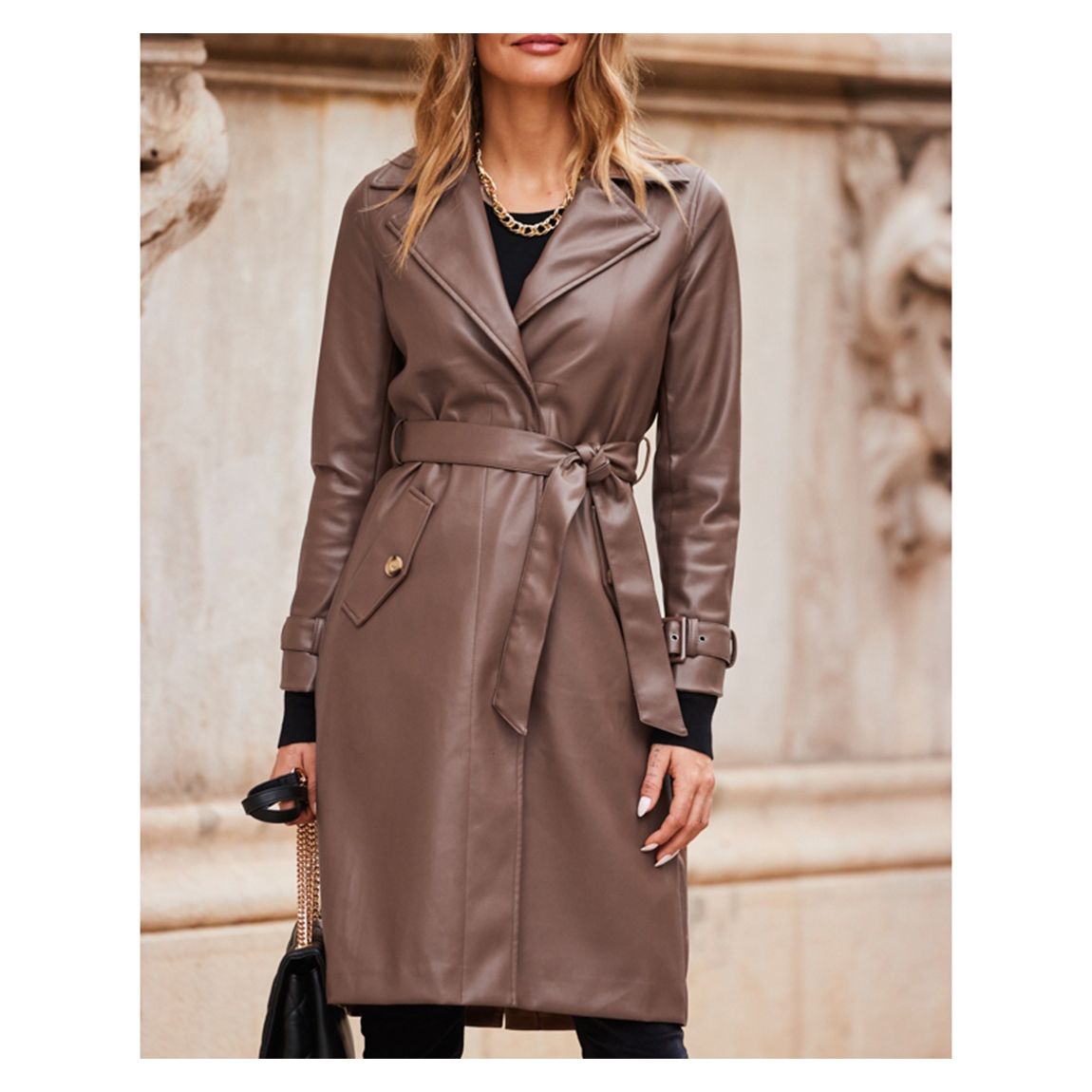 Tan Faux Leather Belted Trench Coat main product photo