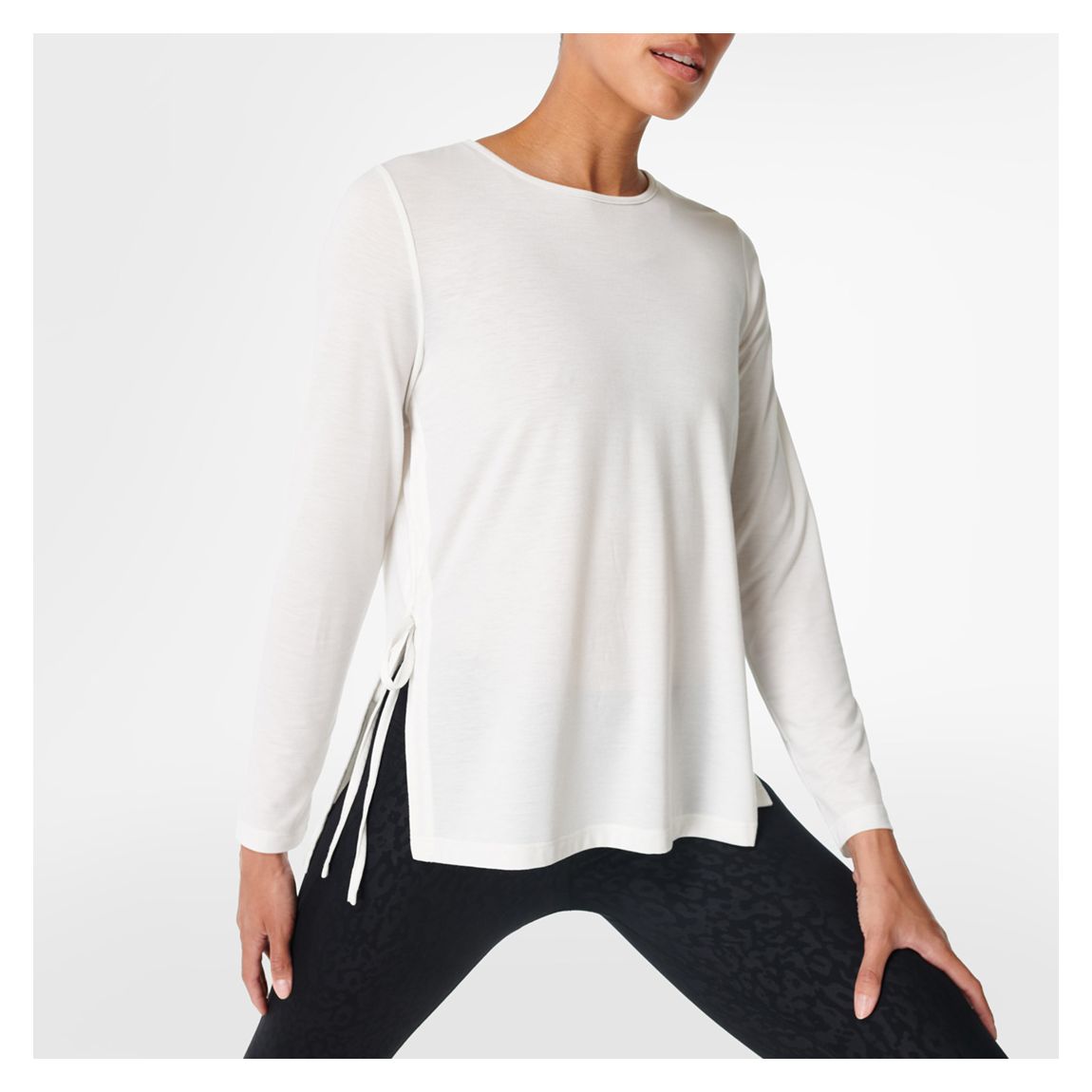 WHITE Tie Side Yoga Long Sleeve Top - Lily White main product photo