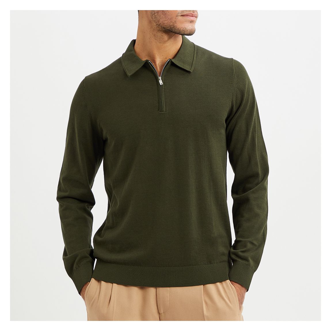 Khaki Aidan Half Zip Cotton Jumper main product photo