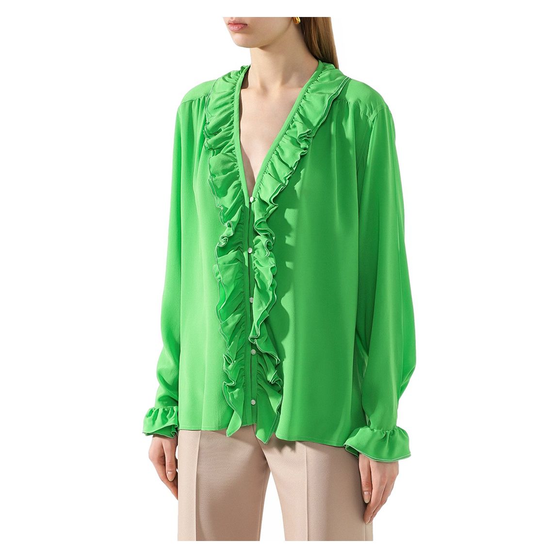 Green Silk V-Neck Ruffle Blouse main product photo