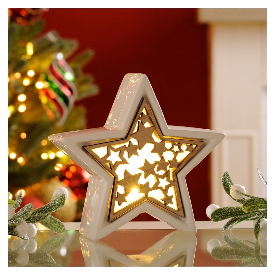 Dolomite White 16cm Wooden Star Ornament - Battery Operated main product photo