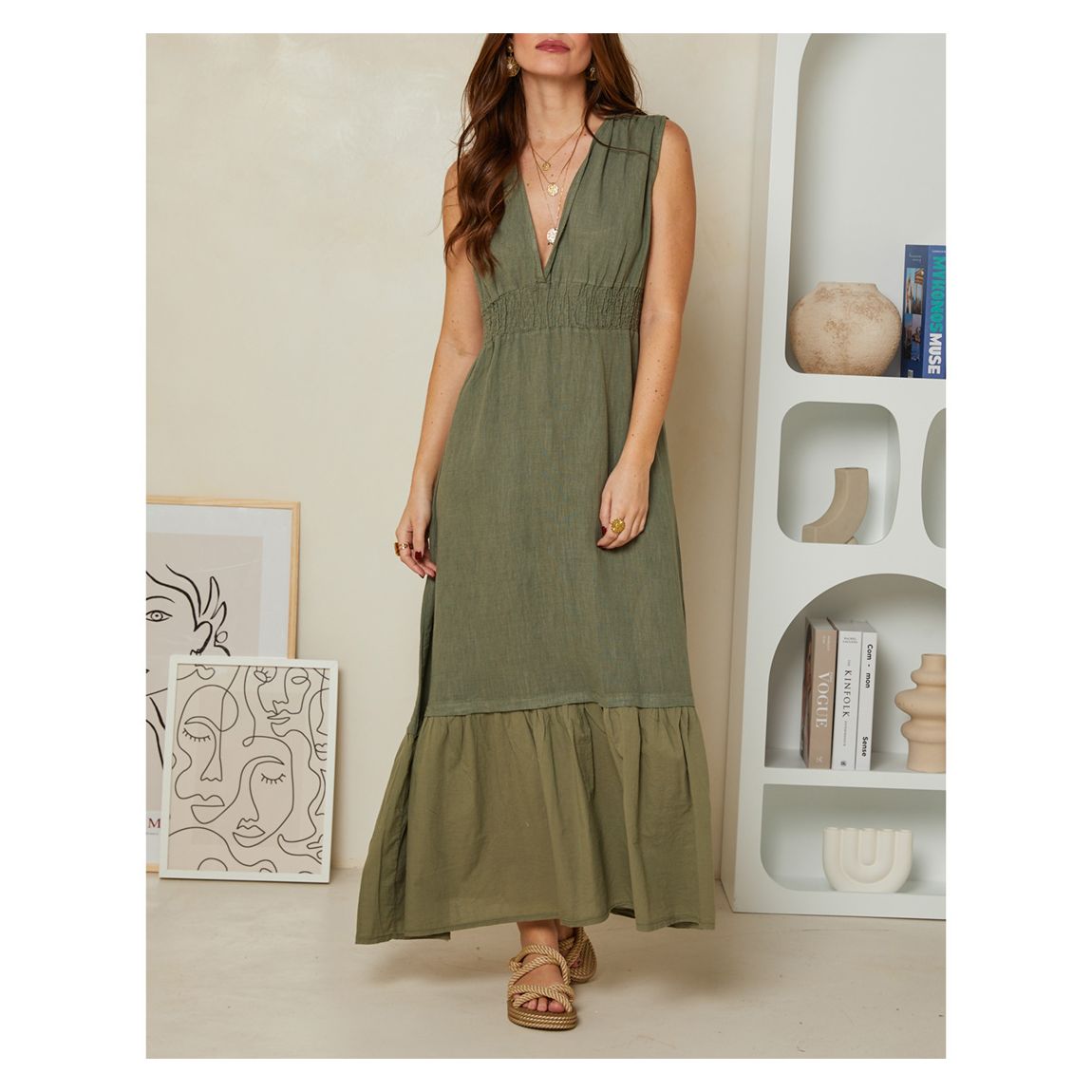 Khaki V Neck Linen Maxi Dress main product photo