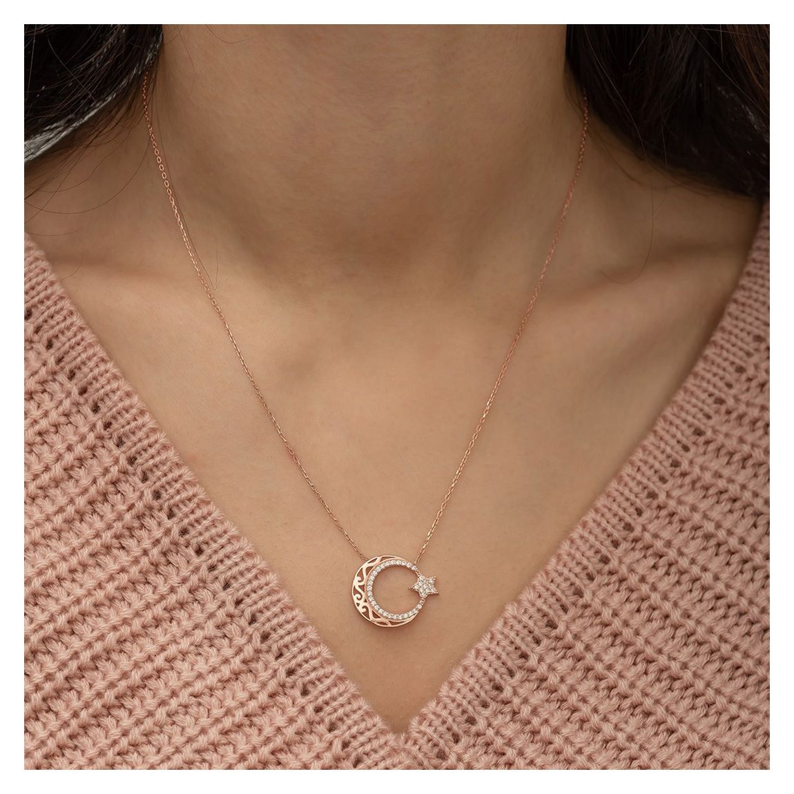 Rose Gold Half Moon/Star Pendant Necklace main product photo