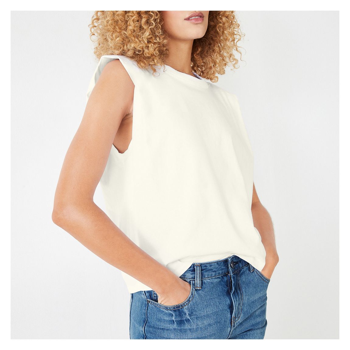 White Cotton Shoulder Pad Sleeveless Top main product photo