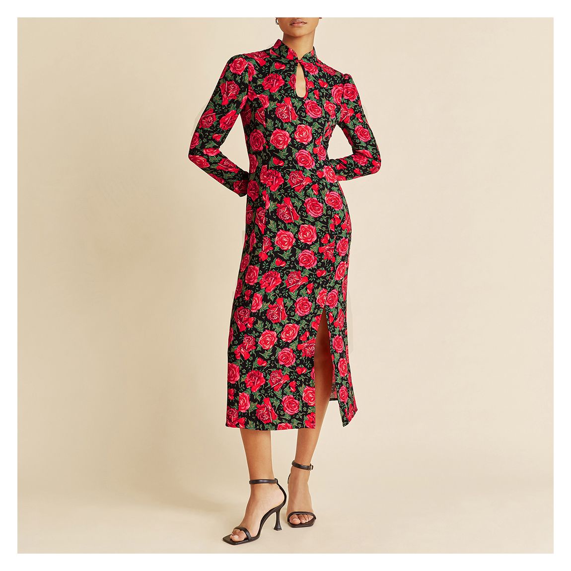 Red/Green Mandarin Collar Rose Print Dress main product photo