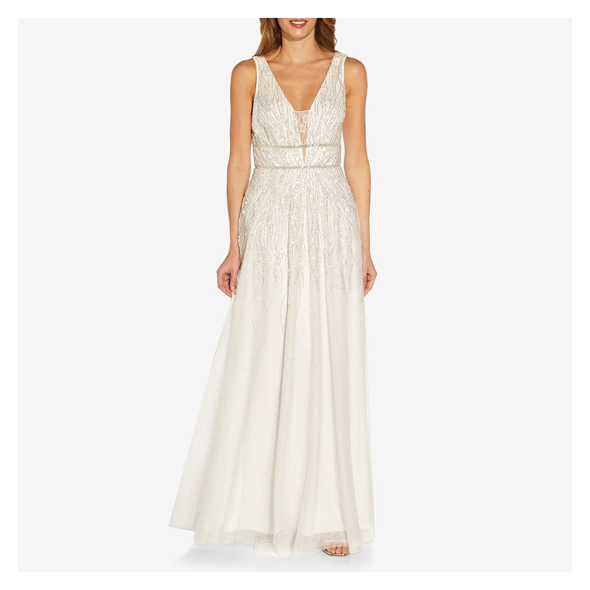 White Beaded Mesh Chiffon Maxi Dress main product photo