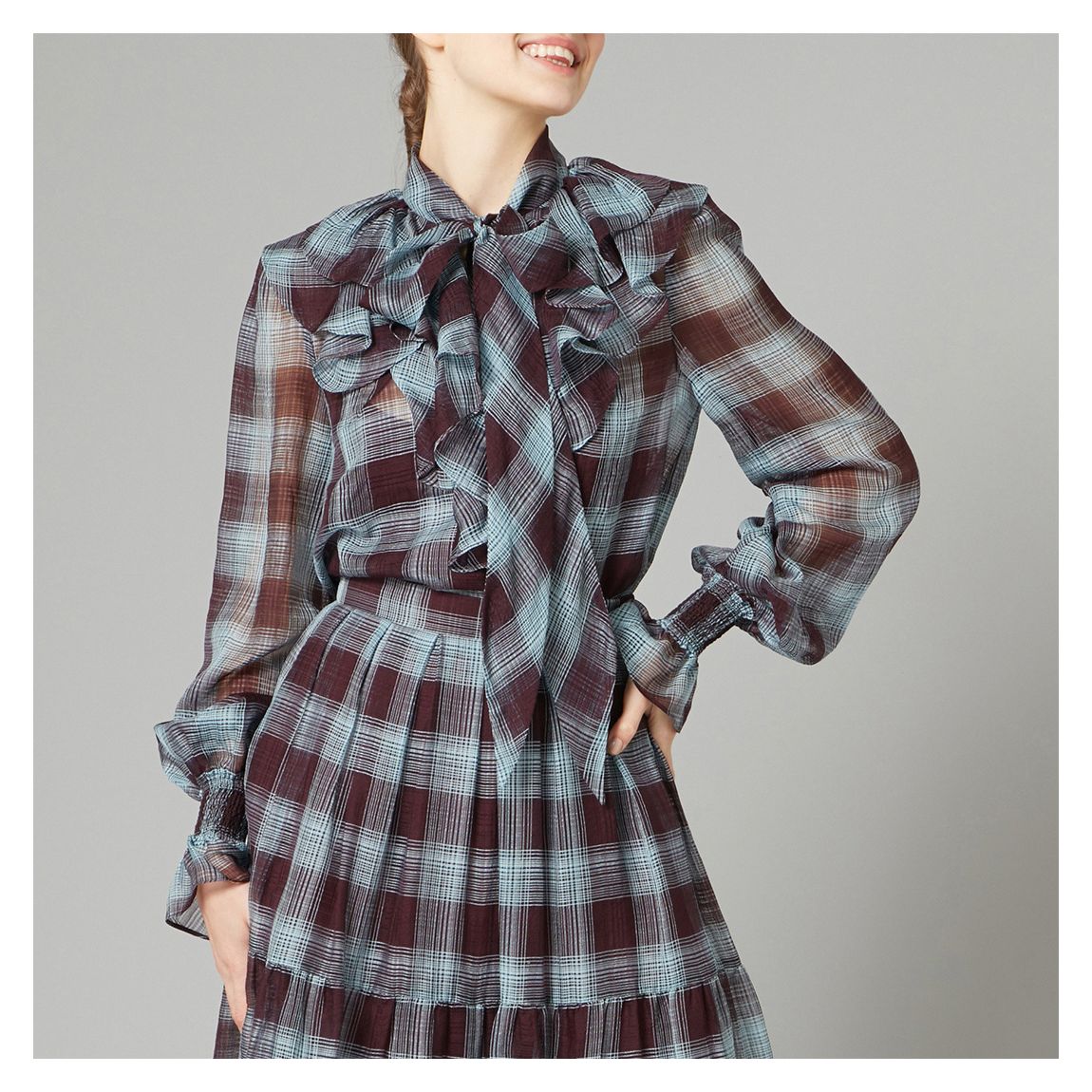 Blue Nash Silk Blend Check Top main product photo