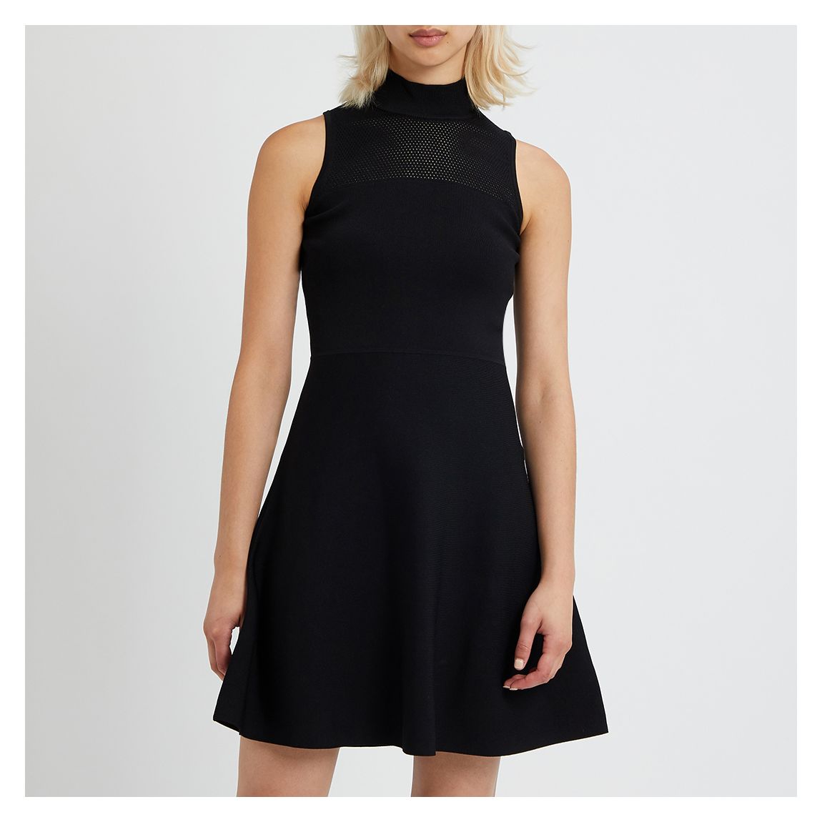 Black Mesh Yoke Fit Flare Dress main product photo