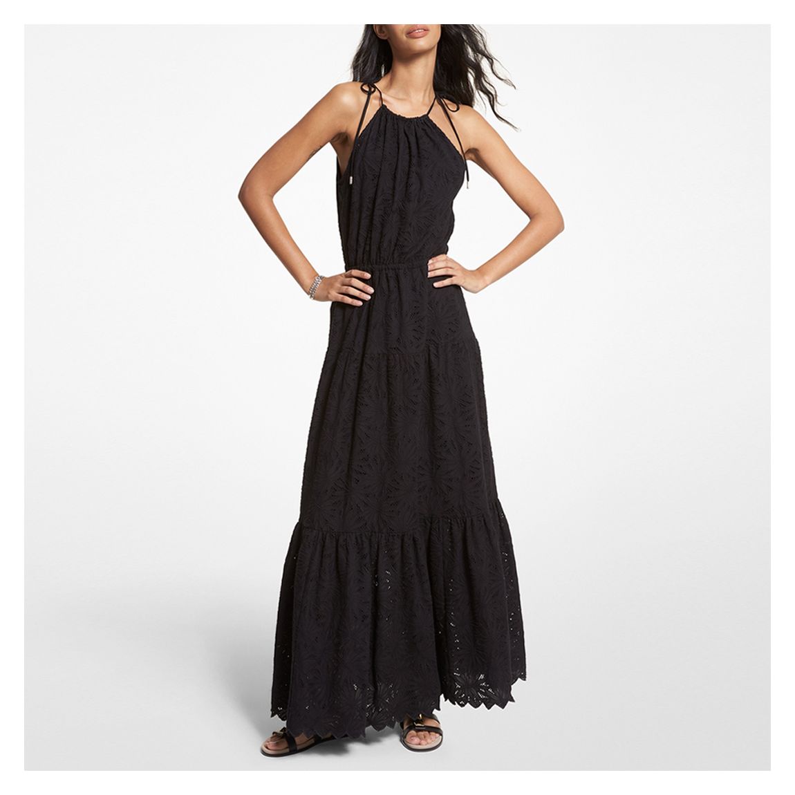 Black Palm Eyelet Cotton Halter Dress main product photo