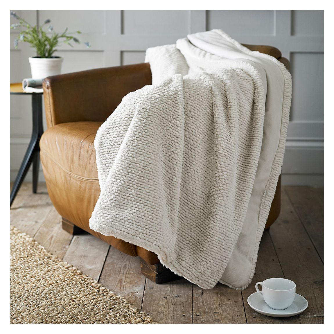 Sandringham Knit Style Faux Fur Bed Throw, Biscuit main product photo