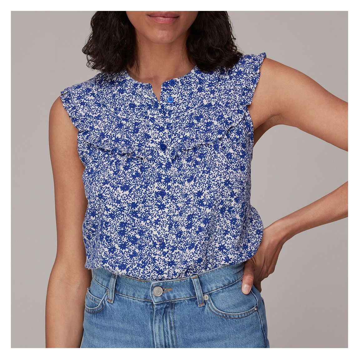 Blue Floral Print Sleeveless Blouse main product photo