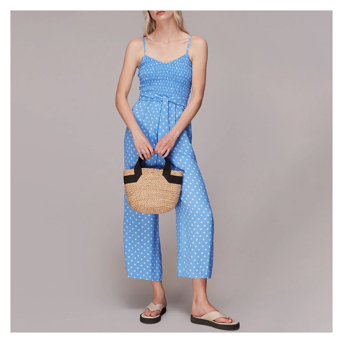Blue Printed Shirred Jumpsuit main product photo