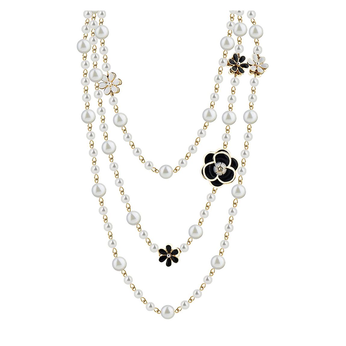 18K Gold Long Pearl & Flower Necklace main product photo