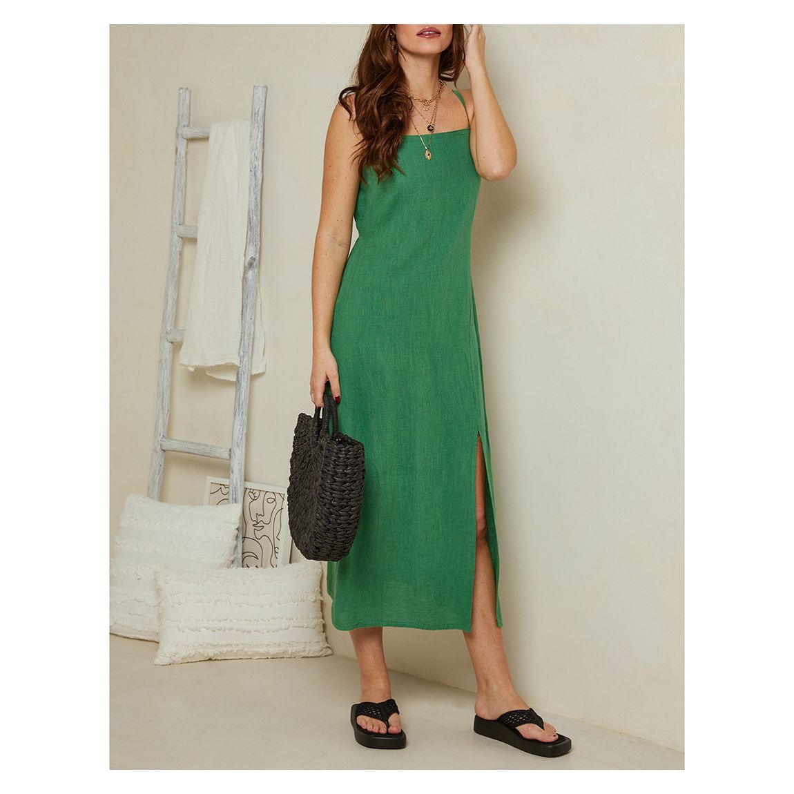 Green Split Hem Linen Midi Dress main product photo