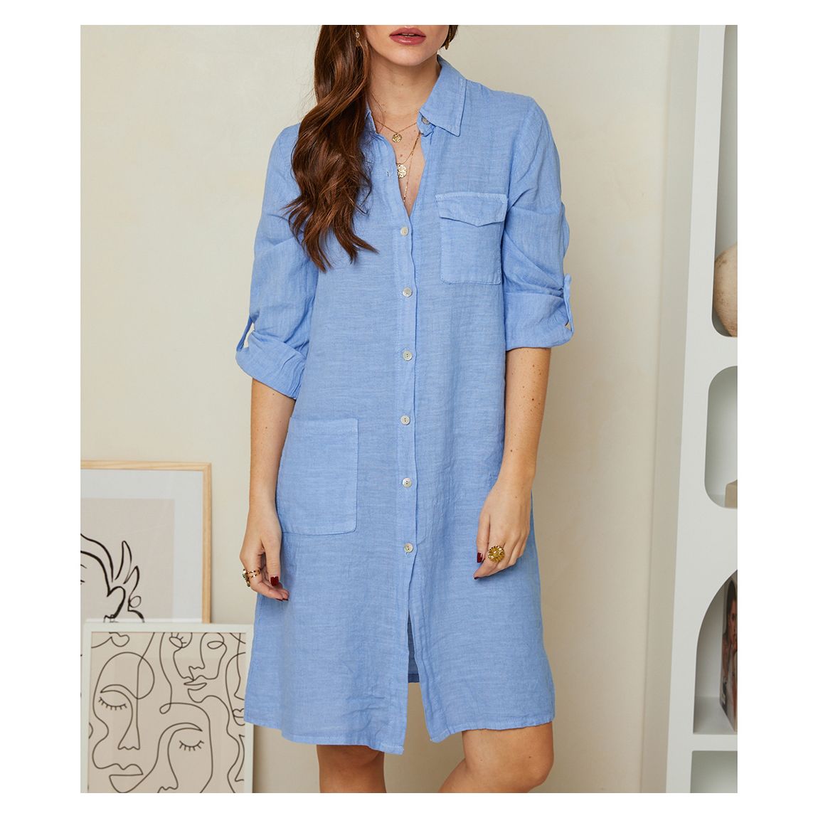 Blue Pocket Linen Dress main product photo