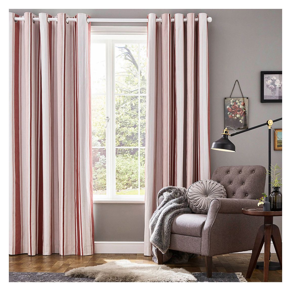 Awning Stripe 168x137cm Black Out Eyelet Ready Made Curtains, Crimson main product photo