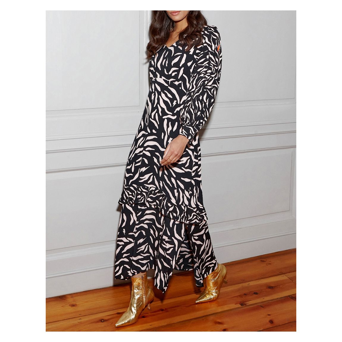 Beige Zebra Ruffle Midi Dress main product photo