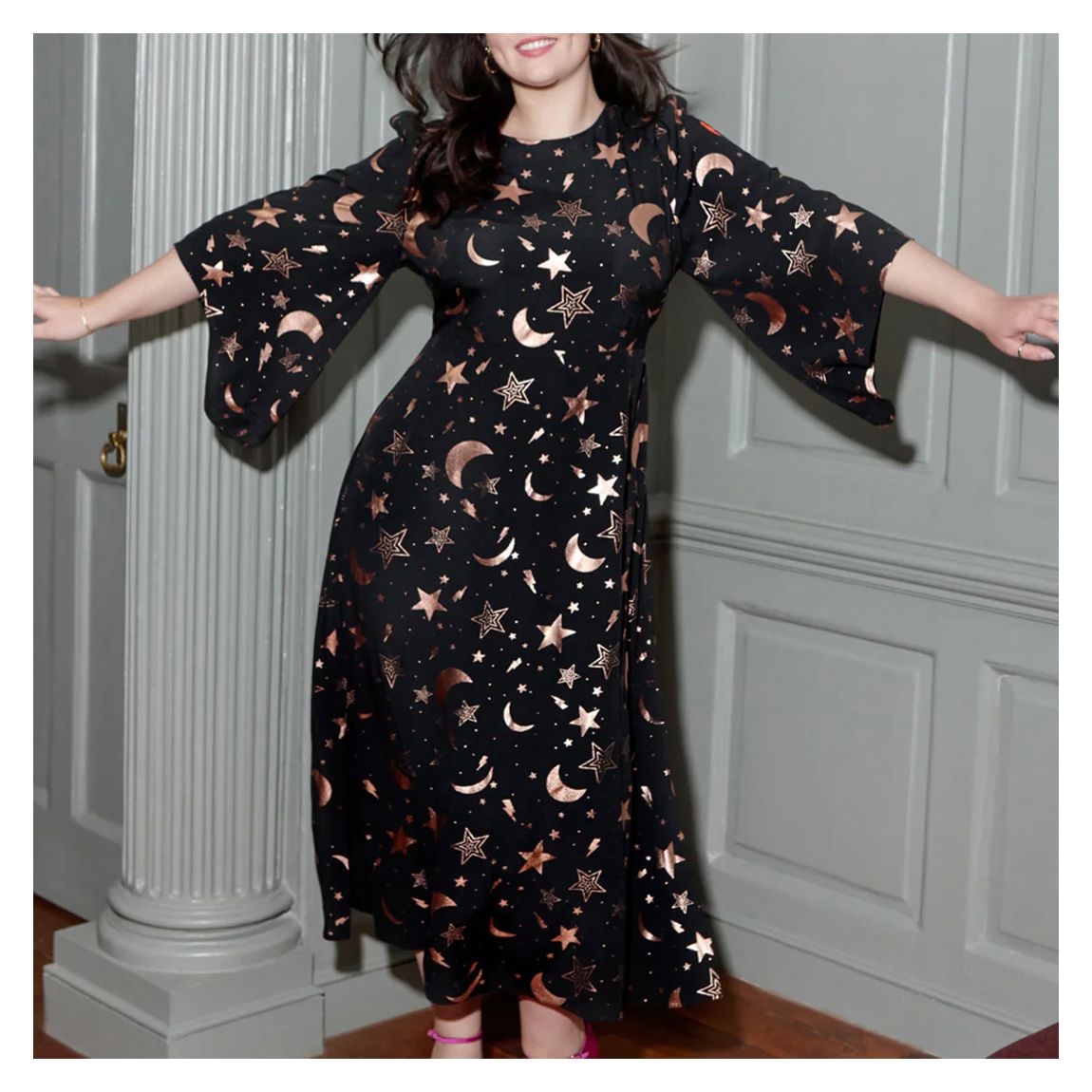 Black Moon Metallic Drape Sleeve Dress main product photo