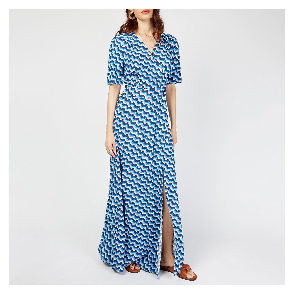 Blue Cloud Print Maxi Wrap Dress main product photo