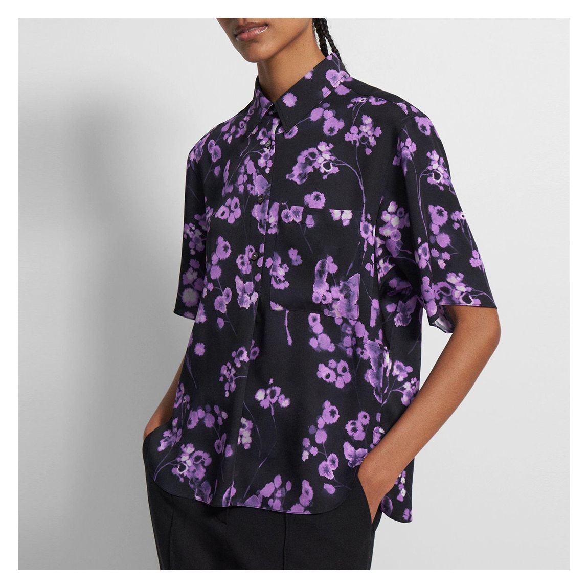 Black Floral Print Boxy Silk Shirt main product photo