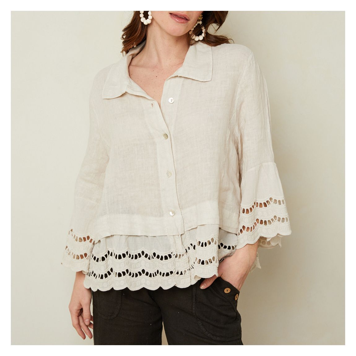 Beige Scallop Hem Linen Blouse main product photo