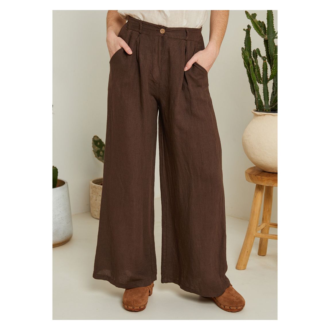 Chocolate Wide Leg Linen Trouser main product photo