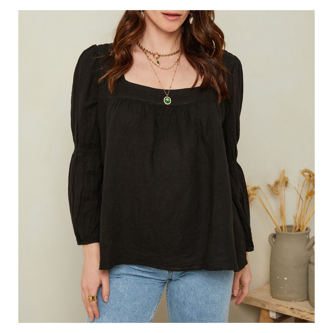 Black Square Neck Linen Blouse main product photo