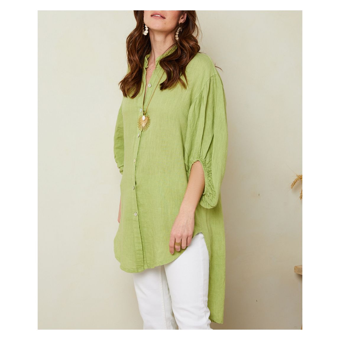 Green Drop Hem Button Linen Shirt main product photo