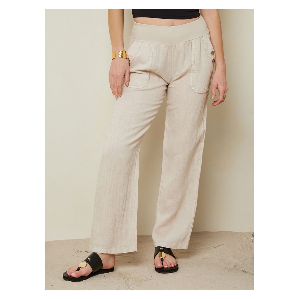 Beige Elasticated Wide Leg Linen Trouser main product photo
