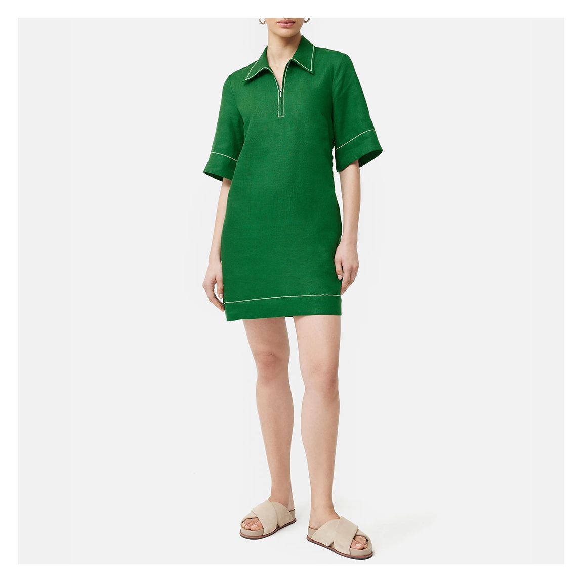 Green Zip Front Linen Mini Dress main product photo
