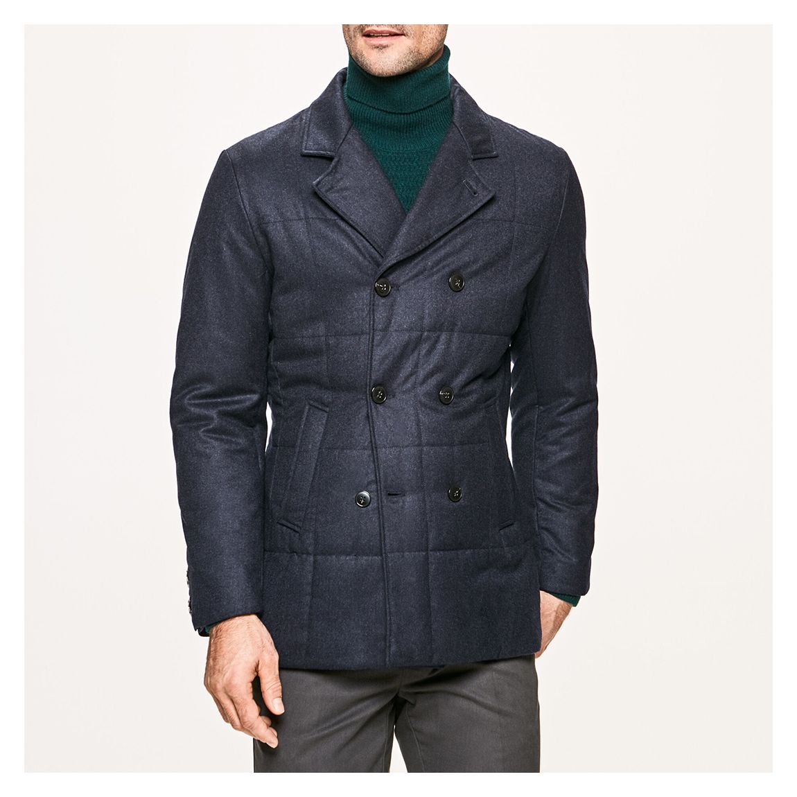 Navy Blue Wool Double Buttoned Quilted Jacket main product photo