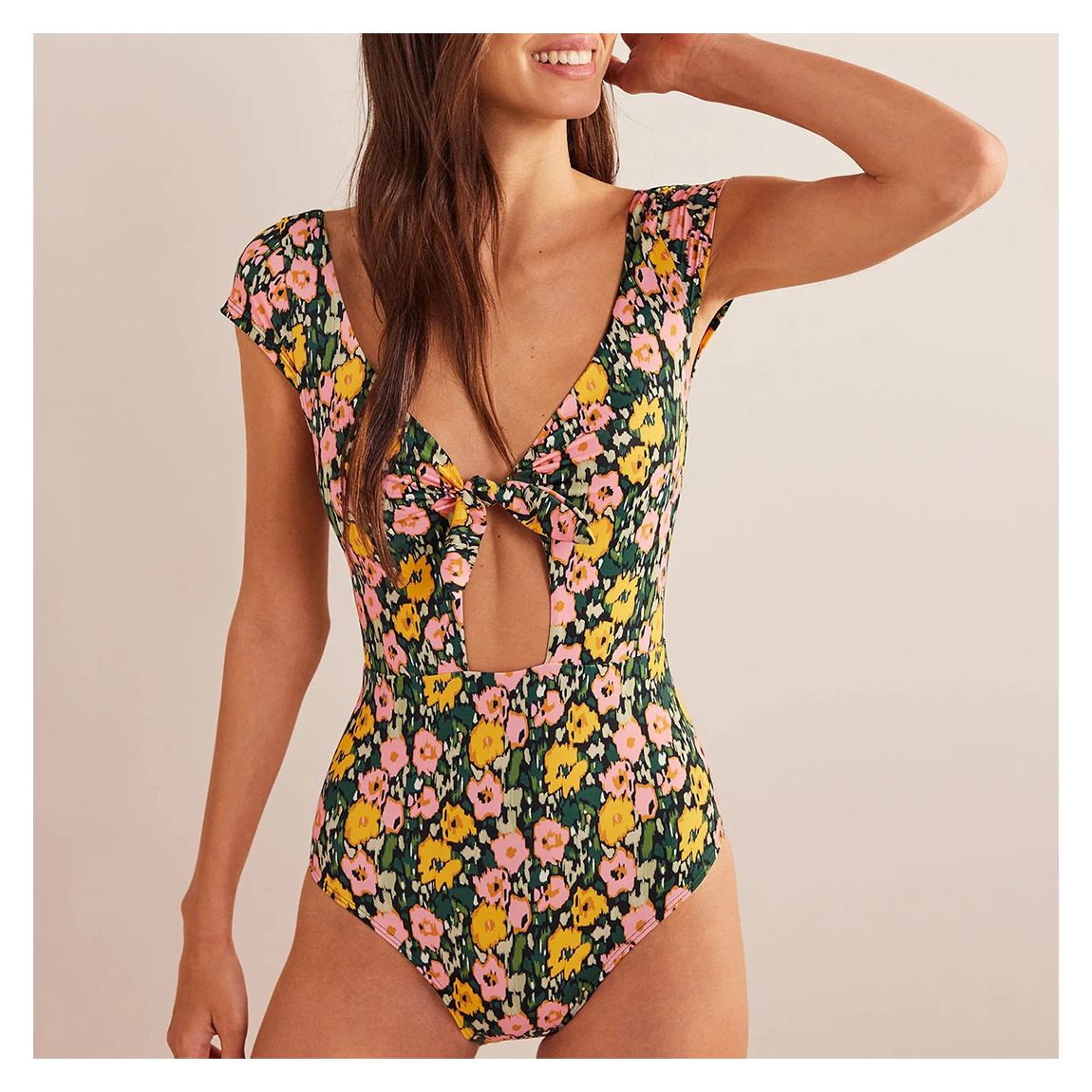 Printed Cap Sleeve Tie Swimsuit main product photo