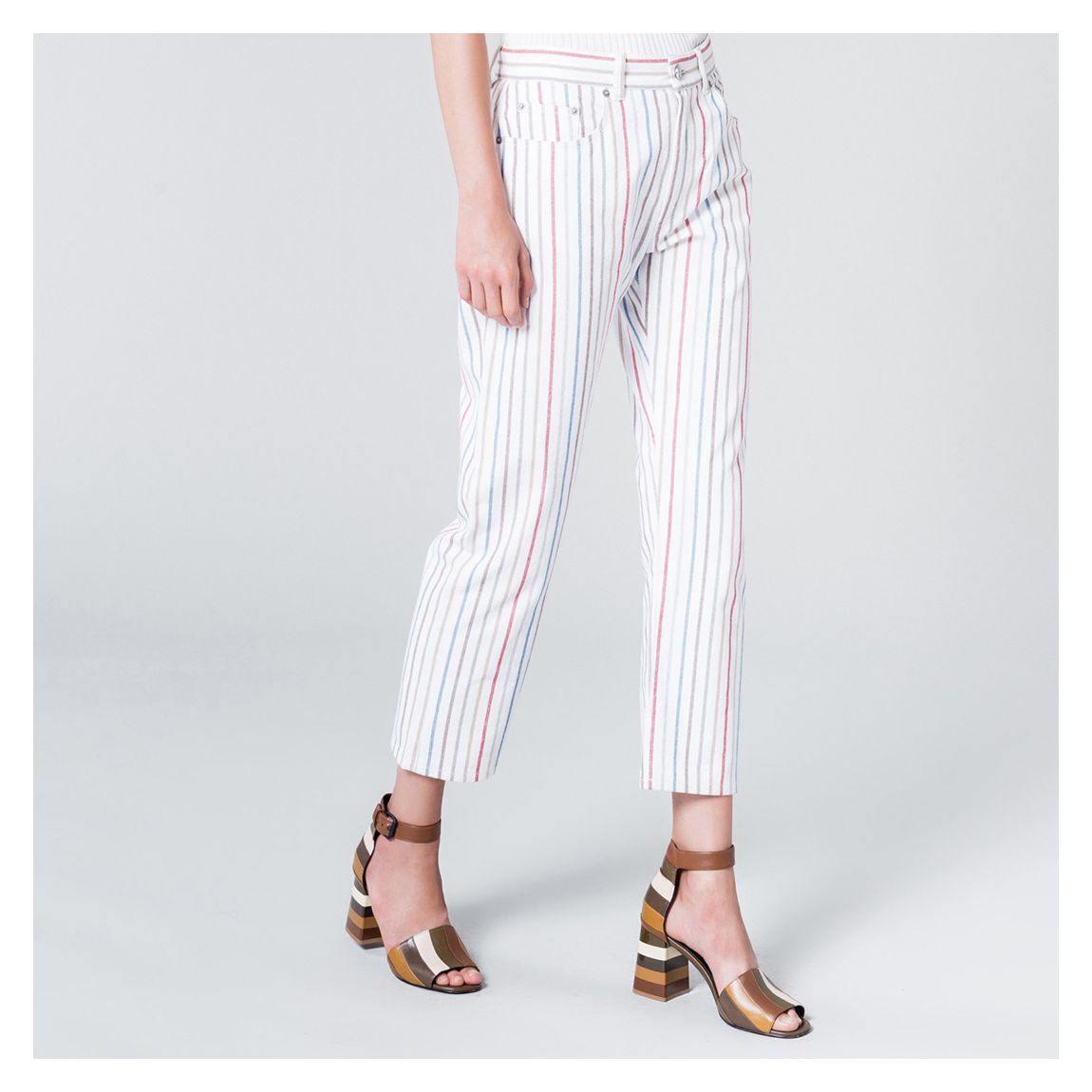 White Striped Straight Leg Strech Jeans main product photo
