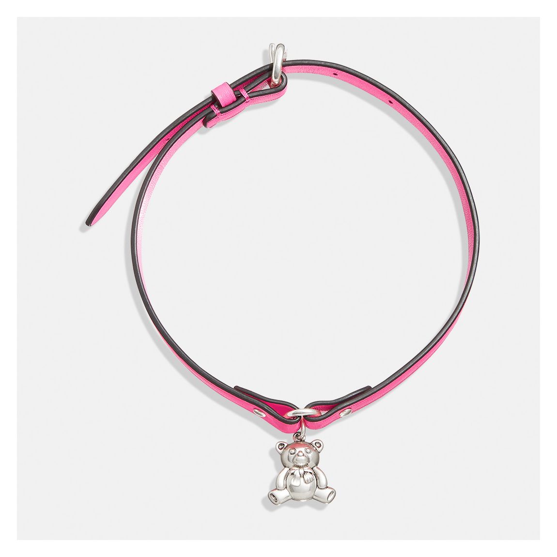 Silver Pink Teddy Bear Leather Choker Necklace main product photo