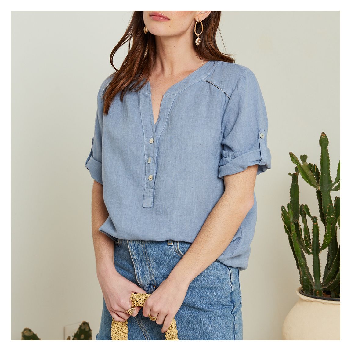 Blue Linen Button V Neck Short Sleeve Top main product photo