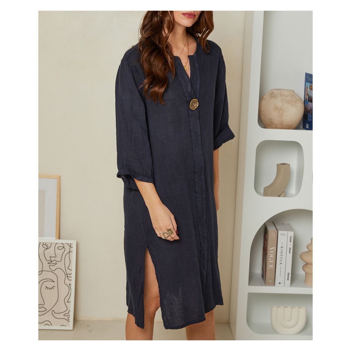 Navy Linen Button Front Dress main product photo