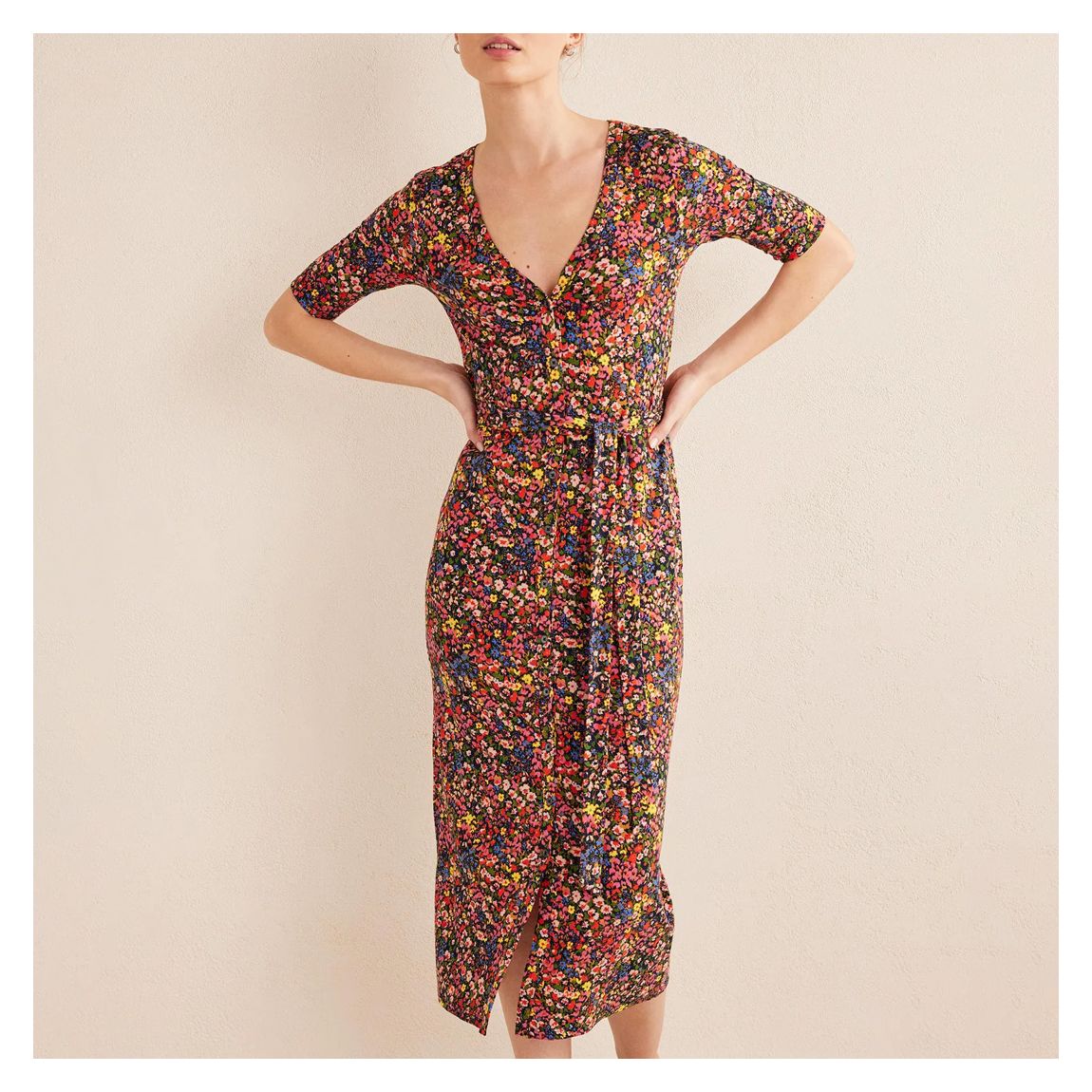 Pink/Yellow Floral Button Front Jersey Midi Dress main product photo
