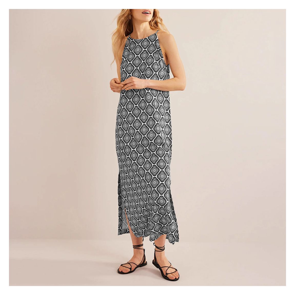 Racer Neck Jersey Midi Dress-Black, Botanic Blush main product photo