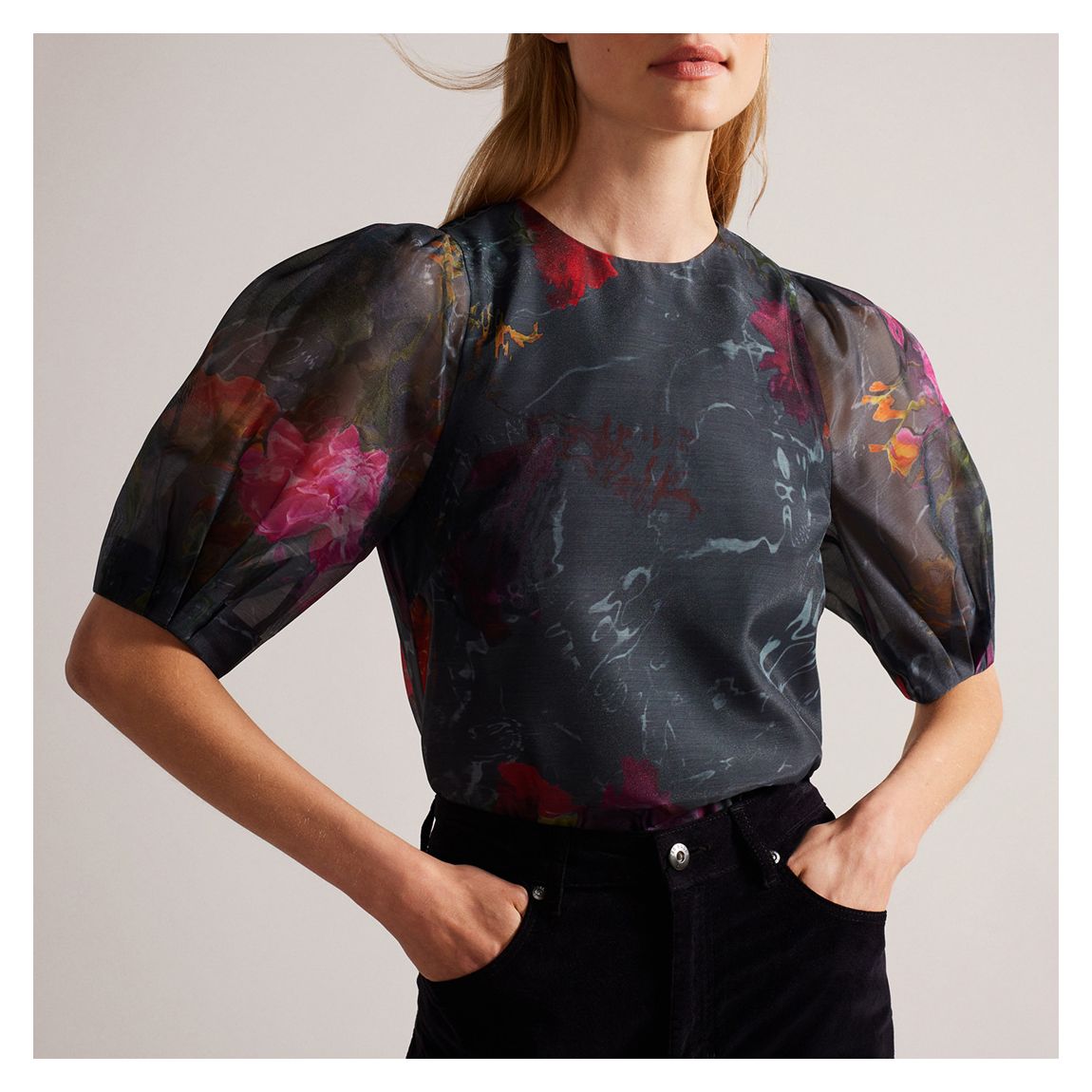 Black Ayymee Puff Sleeve Floral Top main product photo