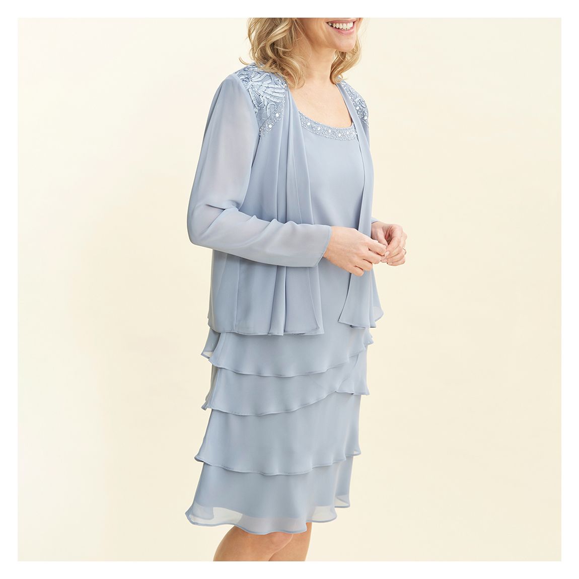 Camira Lace Shoulder Bead Tier Jacket Dress main product photo