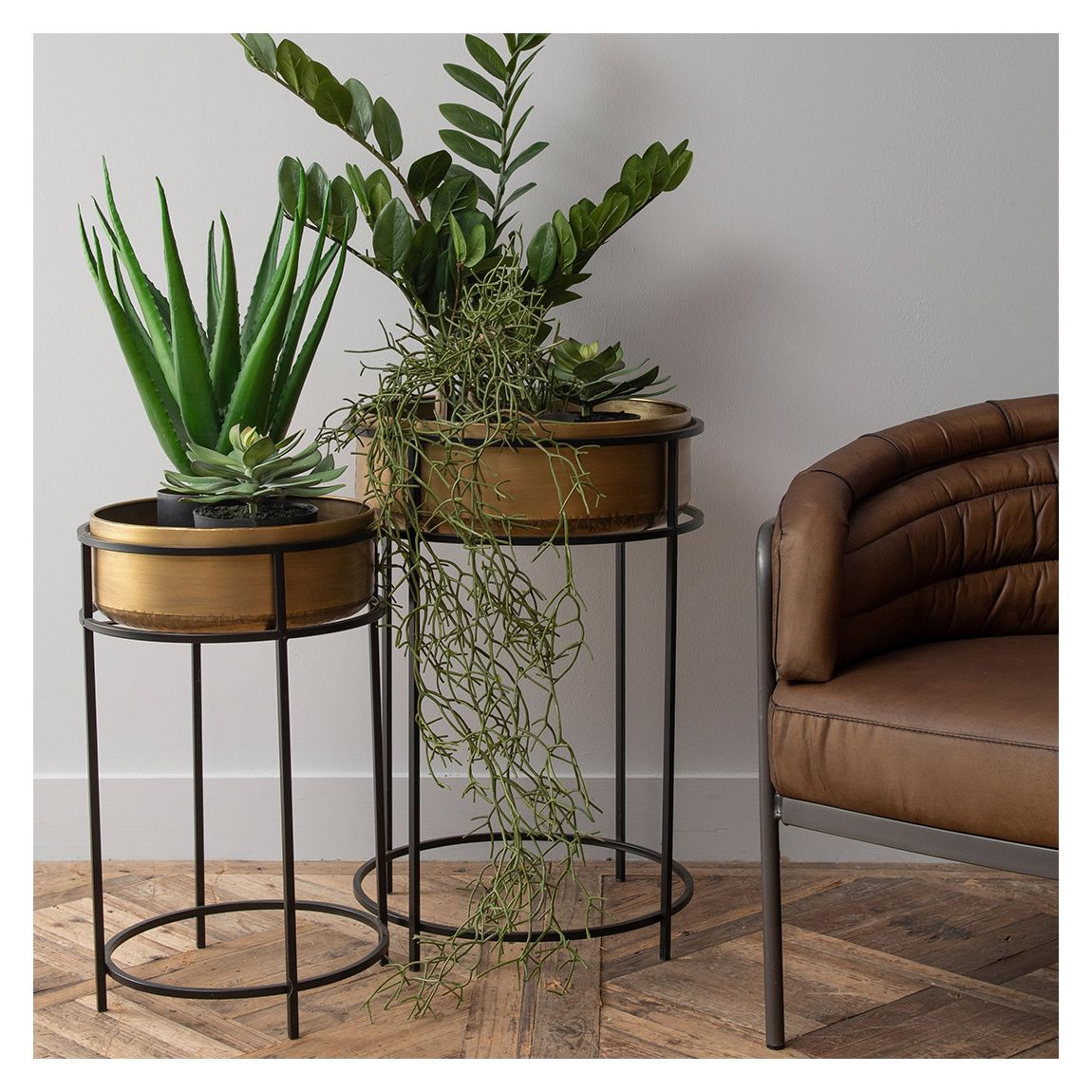Set Of 2 Gold Planter with Tall Black Metal Stand main product photo