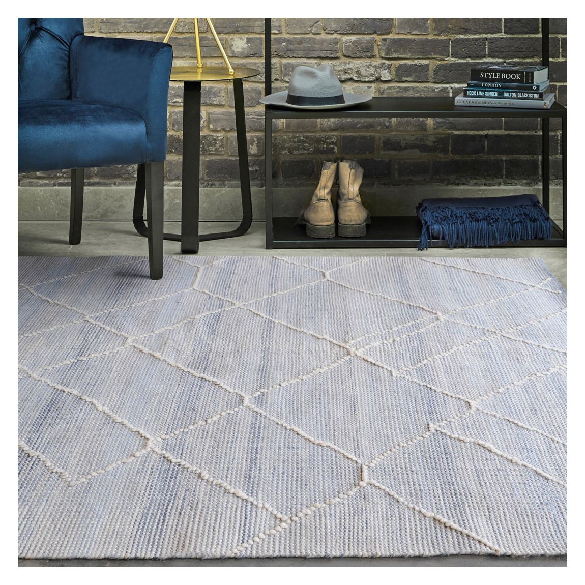 Parisot Hand Woven Pit Loom 160x230cm PET Recycled Yarn Rug, Blue & Ivory Pattern main product photo