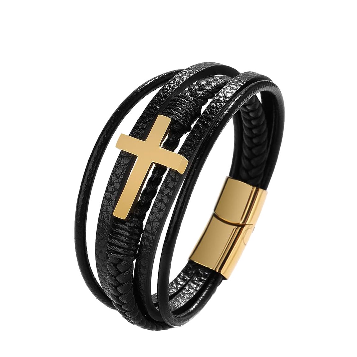 18K Gold Black Plated Cross Leather Bracelet main product photo