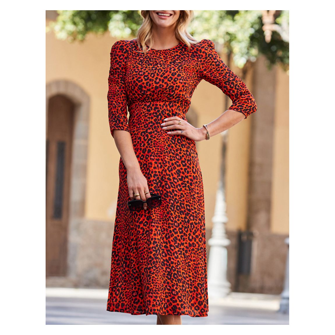 Red & Black Animal Print Ruched Shoulder Midi Dress main product photo