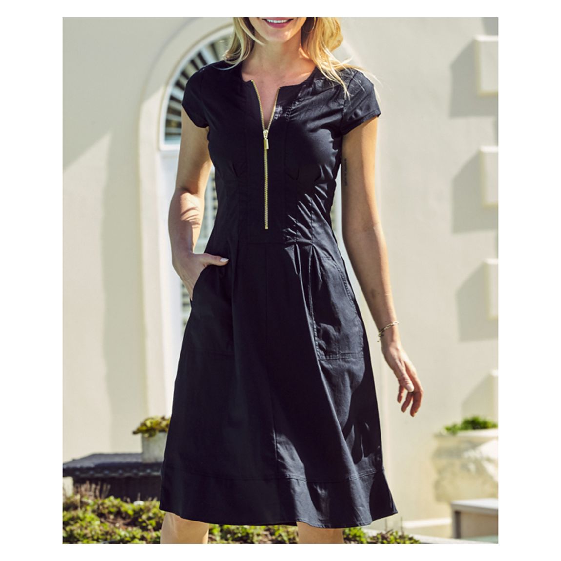 Black Zip Front Fit & Flare Dress With Pockets main product photo