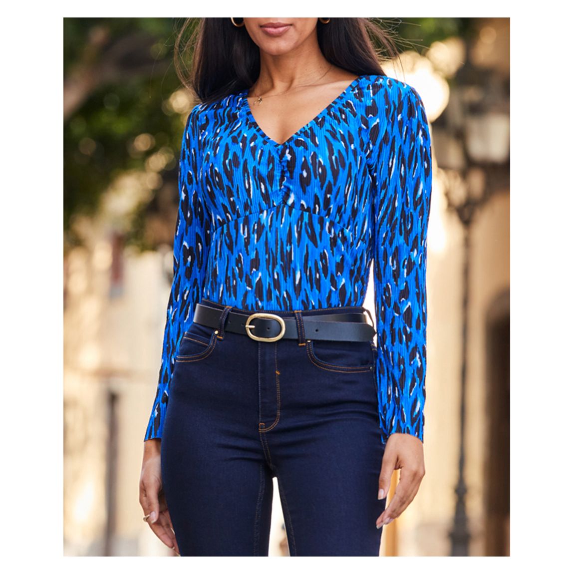 Blue & Black Leopard Print Twist Front Fitted Top main product photo